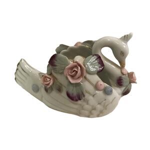 Vintage China Porcelain Swan Floral Rose Trinket Dish White Gold Trim Ucagco